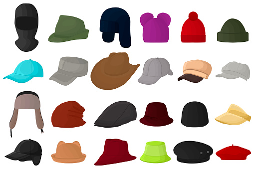 Illustration on theme big kit different types hats, beautiful caps in white background