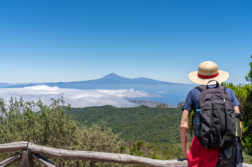 Teenage boy hiking in Valle Gran Rey, looking at volcano El Teide in distance, rear view