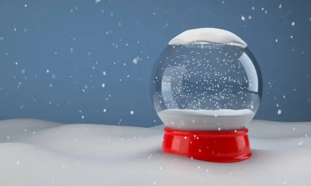Snow globe in the snow, Christmas souvenir, a symbol of the New Year and Christmas. 3D illustration"n
