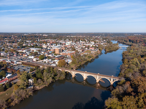 An aerial photo of downtown Fredericksburg Virginia on a clear autumn morning.