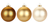 Christmas balls isolated on white background. Happy New Year baubles bombs bulbs colorful decoration. Golden Glass balls. Poster, banner, brochure design for christmas tree