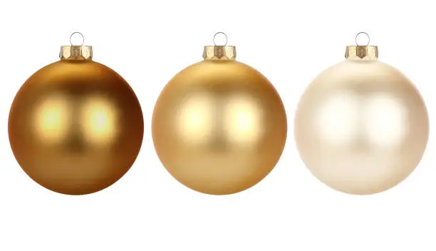 Christmas balls isolated on white background. Happy New Year baubles bombs bulbs colorful decoration. Golden Glass balls. Poster, banner, brochure design for christmas tree.