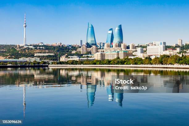 Baku City Skyline In Azerbaijan Stock Photo - Download Image Now - Azerbaijan, Baku, Flame