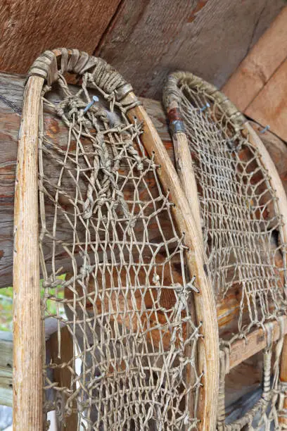 Photo of The tips of snowshoes hanging by a wooden wall