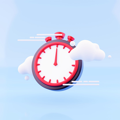 3d render timer with cloud on blue background. Stopwatch, timer 3d renderin icon and illustration