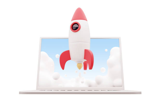 istock 3d render startup concept with rocket flying out of laptop screen on white background, 3D Rendering 1353102677
