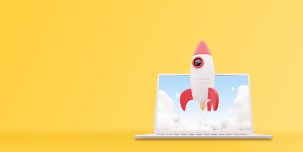 istock 3d render laptop computer screen and rocket illustration design over a yellow background. 3D rendering laptop and rocket on yellow 1353102680