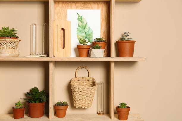istock Wooden shelves with different decorative elements on beige wall 1353103525