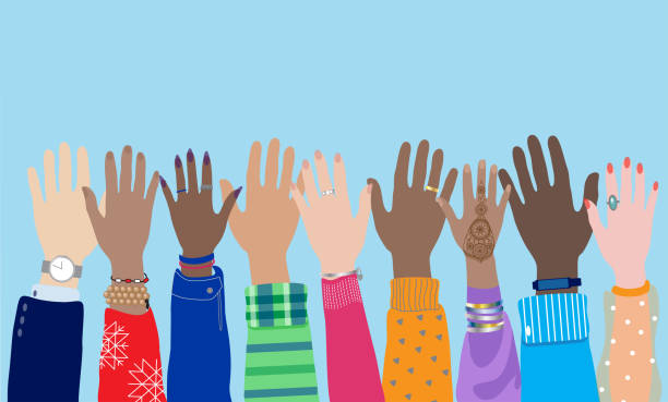 ilustrações de stock, clip art, desenhos animados e ícones de diverse hands_ horizontal banner - hand raised arms raised multi ethnic group human hand