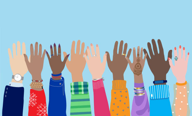 Diverse hands_ horizontal banner Diverse young people hands, male,  female, multicultural group, multi ethnic team, cultural diversity concept. Men, women raise arms, celebration, friendship, vote. Flat vector isolated on background. hand raised stock illustrations
