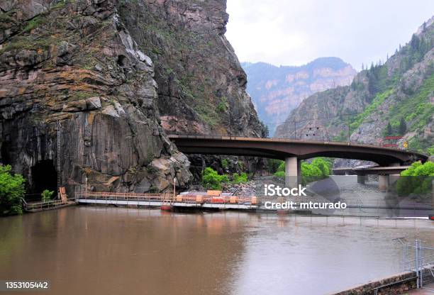 Glenwood Canyon Colorado River I70 Road And The Railway Tunnel View From The North Bank Above Shoshone Dam Colorado Usa Stock Photo - Download Image Now