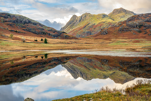 Reflections in Blea Tarn in the Langdales hanging Valley in the Lake District, Cumbria, England