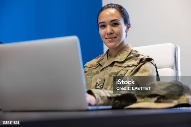 Air Force Military Member In An Office Stock Photo - Download Image Now - US Military, Armed Forces, Army Soldier