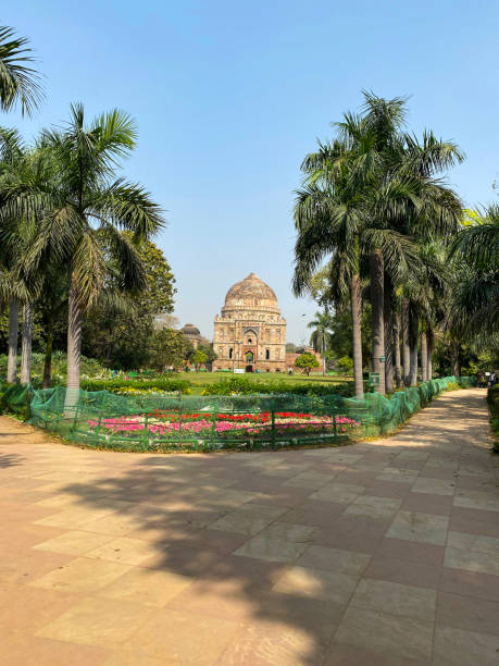 Image of Lodhi Gardens public park, historic mausoleum, palm tree lined green lawns, cultivated flowerbeds with low metal railings, New Delhi, India Stock photo showing the free to enter landscaped public park of Lodhi Gardens home to the mausoleums of Mohammed Shah and Sikander Lodhi. lodi gardens stock pictures, royalty-free photos & images