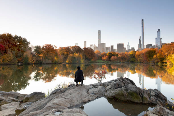 Autumn in Central Park Hernshead Person enjoying the view at Hernshead rock during autumn season in Central Park. central park manhattan stock pictures, royalty-free photos & images