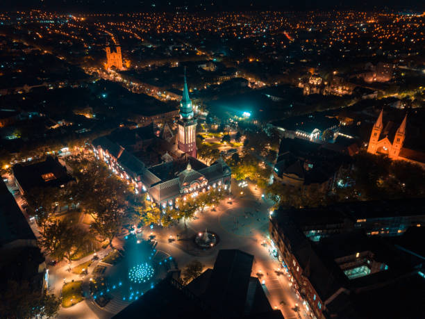 Aerial view of Subotica city's downtown area at night stock photo