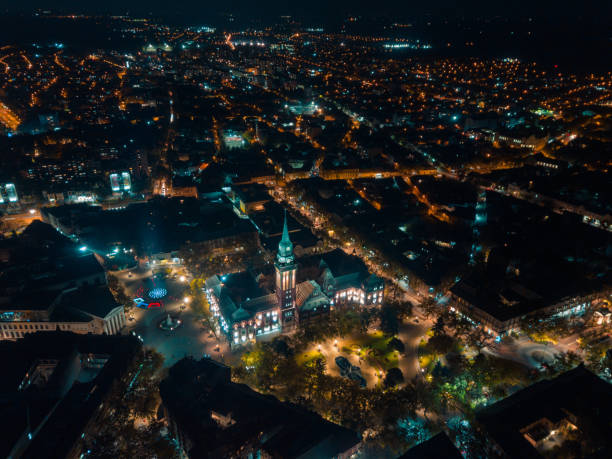 Drone view of Subotica city's downtown area at night stock photo