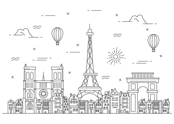 ilustraciones, imágenes clip art, dibujos animados e iconos de stock de ilustración de la línea de la ciudad y la torre eiffel. monumento francia - paris