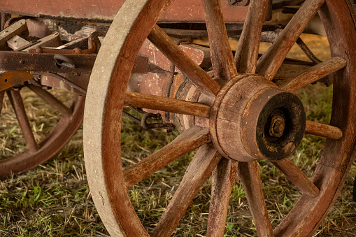 Close up shot of a vintage wagon wheel