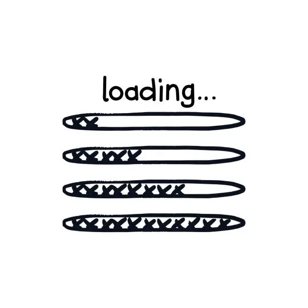 Vector illustration of Doodle loading level. Hand drawn loading bar filled with crosses from minimum to maximum limit. Vector sketch illustration in bold marker isolated on white background.