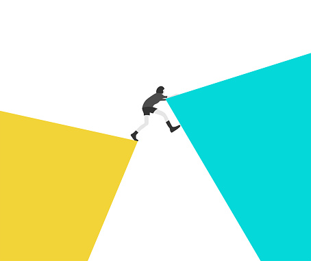 Man overcomes an obstacle. A man jumps over a cliff between cubes. Conceptual vector illustration.