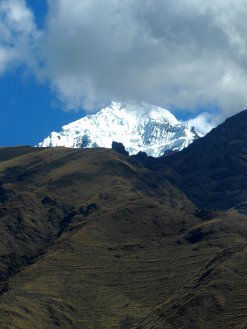 View from the Train from Cusco to Machu Picchu through the Sacred Valley of Huascarán National Park (made up of 340,000 hectares), in the city of Ancash. It has a height of 6768 meters above sea level, which makes Huascarán the highest tropical mountain in Peru and the fifth highest mountain in America.  It is located in the Cordillera Blanca, the second-highest mountain range in the world.