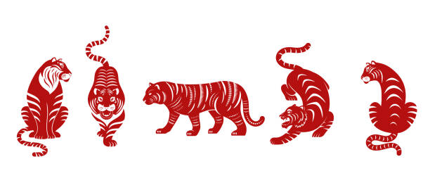 Chinese new year 2022 year of the tiger - Collection of red traditional Chinese zodiac symbol, illustrations, art elements. , Lunar new year concept, modern design vector art illustration