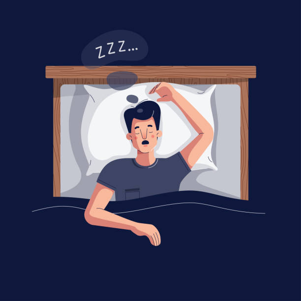 코골이 벡터 그림. 침대에 누워 있는 청년은 깊은 잠을 자는 동안 입을 벌리며 큰 소리로 코를 골고 있다. 몇 가지 zzz's를 잡는 남성. 수면 무호흡증, 코골이, 웹에 대한 빠른 수면 개념. 플랫 디자 - sleep stock illustrations