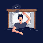 istock Snoring vector illustration. Young man lying in the bed, snores loudly with open mouth while deep sleep. Male person catching some zzz's. Sleep apnea, snoring, fast asleep concept for web. Flat design 1353123939