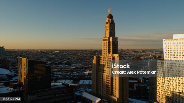 Aerial View On The One Hanson Place In Downtown Brooklyn New York City In The Winter Morning With The Residential Area Behind Stock Photo - Download Image Now