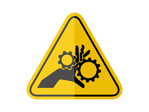 isolated watch out moving machine part can cut, crush, common hazards symbol on yellow round triangle board warning sign for icon, label, logo or package industry etc. paperwork style vector design.
