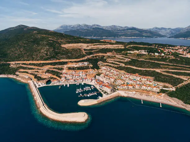 Photo of Aerial view to the Lustica Bay marina. Montenegro