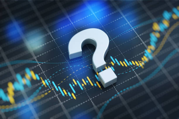 question mark sitting over blue financial bar graph - stock market and finance concept - bar graph imagens e fotografias de stock