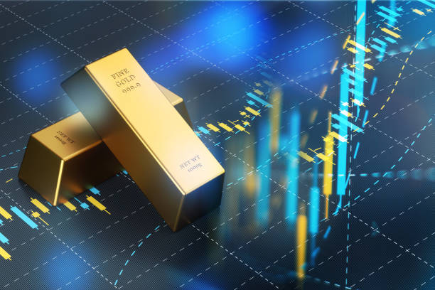 goldbarren sitzen auf blauem balkendiagramm, aktienmarkt und finanzkonzept. - goldfarbig grafiken stock-fotos und bilder