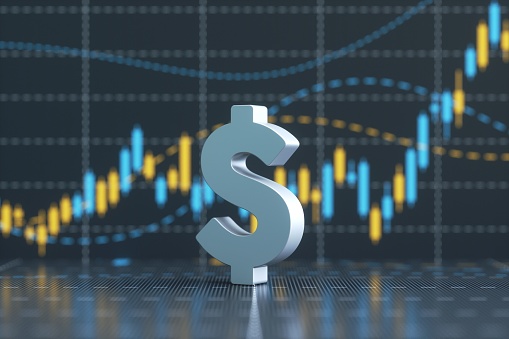 Up arrows over blue financial graph background. Horizontal composition with selective focus and copy space. Investment, stock market data and finance concept.
