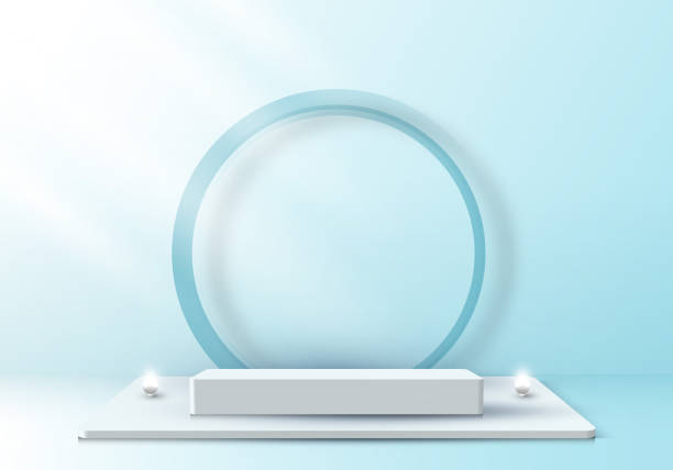 istock 3D realistic elegant display white pedestal podium with circle backdrop on soft blue color studio room background 1353138758