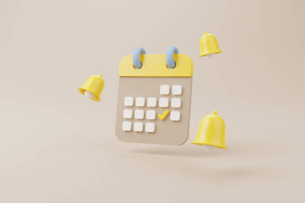 campana di notifica gialla che suona e scadenza del calendario su sfondo marrone. illustrazione di rendering 3d - conto alla rovescia illustrazioni foto e immagini stock