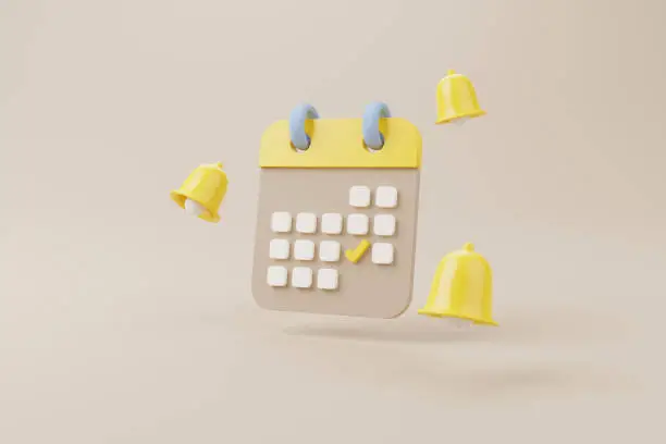 Photo of Yellow notification bell ringing and calendar deadline on brown background. 3d rendering illustration