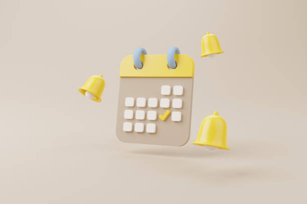 yellow notification bell ringing and calendar deadline on brown background. 3d rendering illustration - time schedule bildbanksfoton och bilder