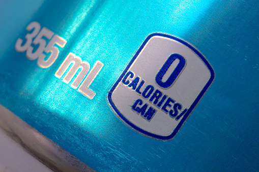 A close up to a diet soft drink can to calories amount.
