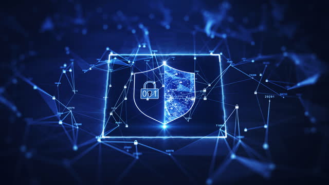 Data protection background is a concept in cybersecurity and privacy technology. There is a shield in the middle. A small padlock binary polygon that acts as a connection. moving slowly.