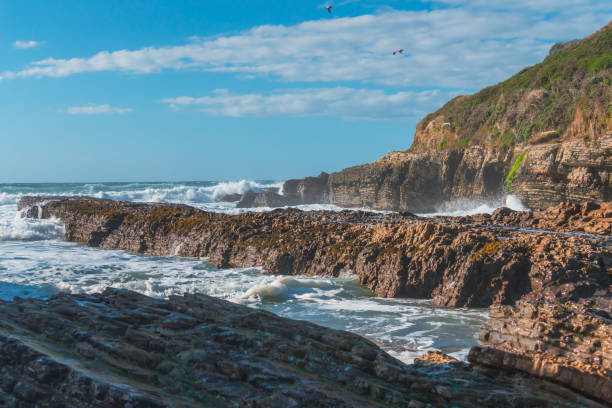 istock Rocky cliffs and stormy Pacific ocean with beautiful cloudy sky on background. Los Osos, California coastline 1353151578