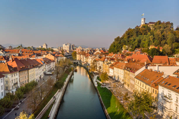 Cityscape of Ljubljana, capital of Slovenia in warm afternoon sun. Aerial panoramic view of Ljubljana, capital of Slovenia in warm afternoon sun. ljubljana castle stock pictures, royalty-free photos & images