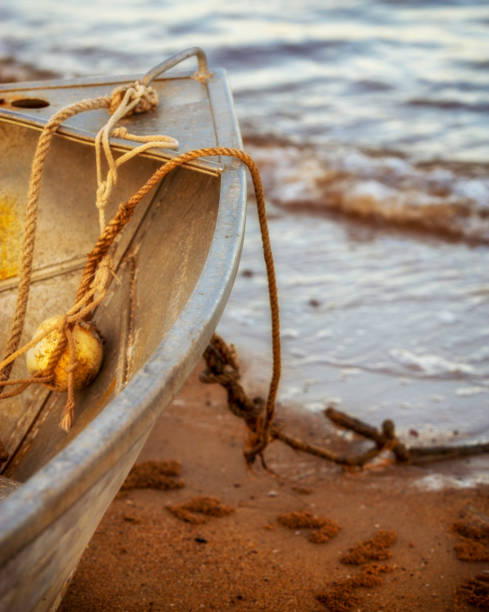 Small silver boat moored by an anchor with ropes on the edge of low tide.