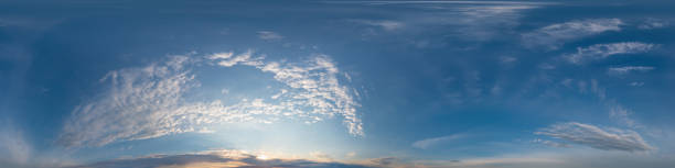 istock Dark blue sunset sky panorama with Cirrus clouds. Seamless hdr pano in spherical equirectangular format. Complete zenith for 3D visualization, game and sky replacement for aerial drone 360 panoramas 1353162638