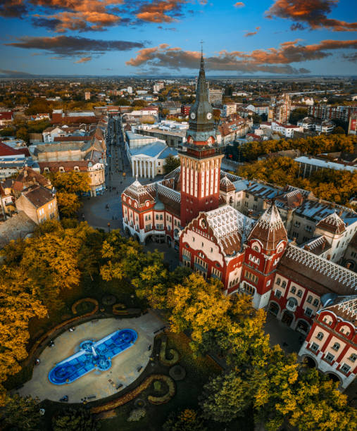 Aerial view of Subotica's downtown area during sunset stock photo