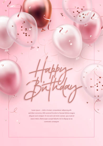 Vector birthday elegant greeting card with realistic helium balloons Vector birthday elegant greeting card with golden, pink and white balloons and falling confetti. Vector illustration balloon backgrounds stock illustrations