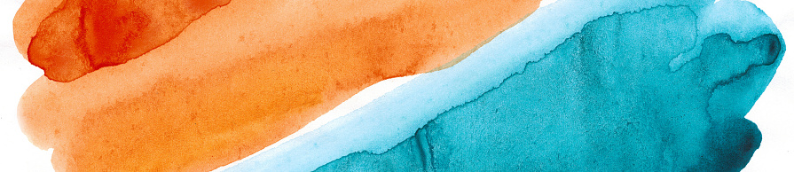 Orange blue green watercolor. Isolated on white background. Orange teal stain. Modern art background for design. Web banner. Website header.