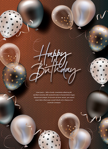 Birthday elegant greeting card with realistic helium balloons. Vector illustration