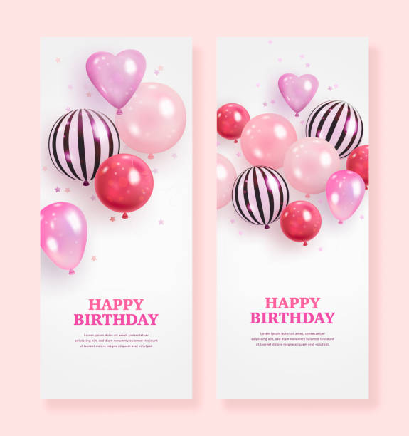 Set of elegant birthday greeting vertical banner with realistic helium balloons Set of elegant birthday greeting vertical banner with realistic helium balloons. Vector illustration birthday card stock illustrations